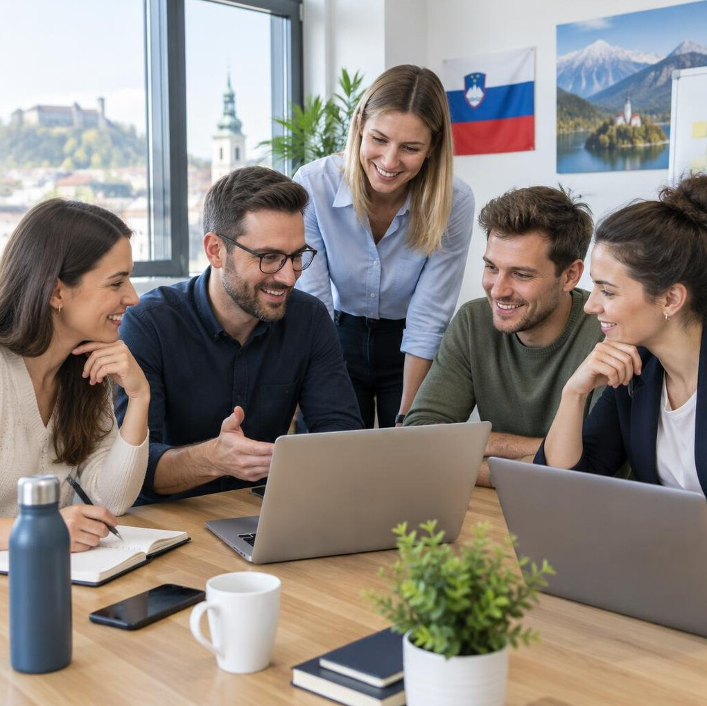 Team of colleagues collaborating around a table with laptops